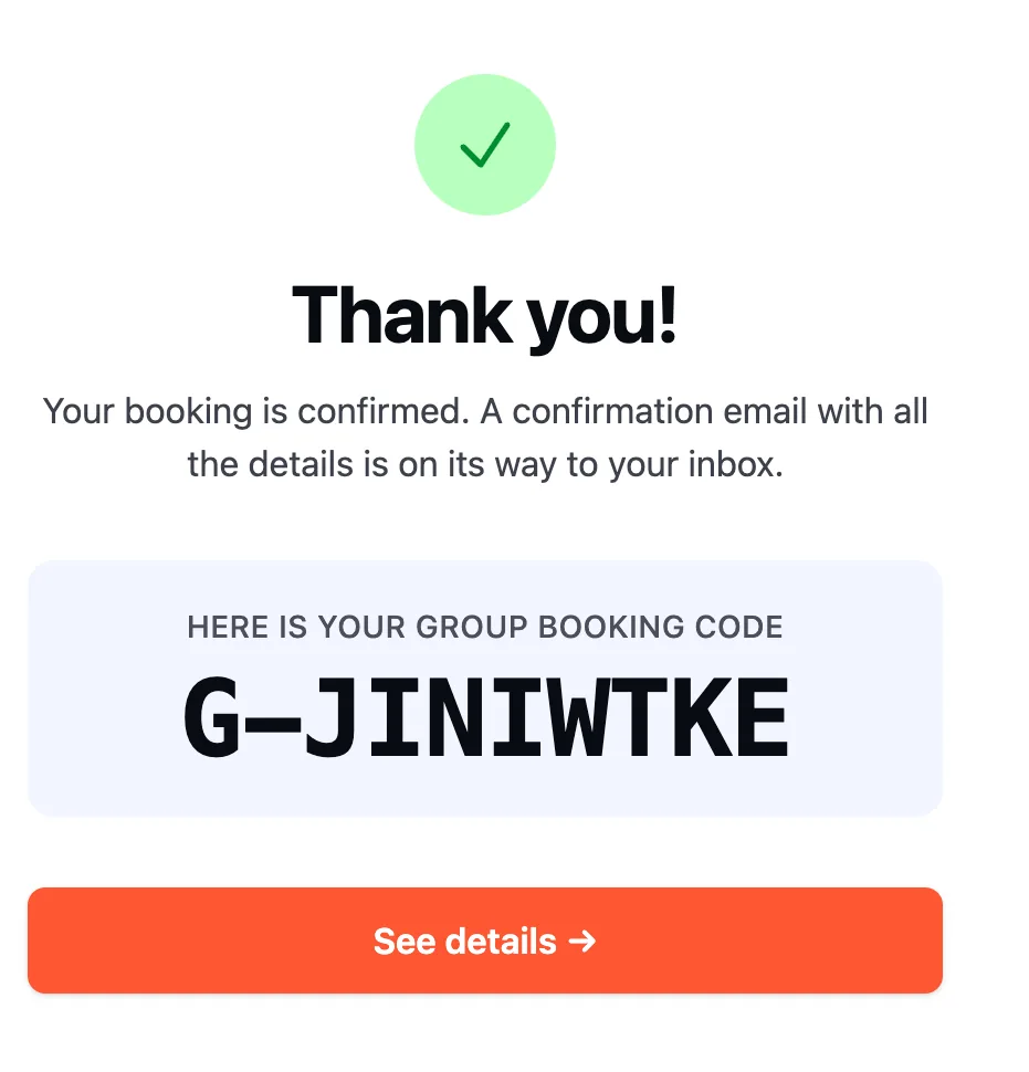 Booking Engine confirmation screen with booking reference and stay summary