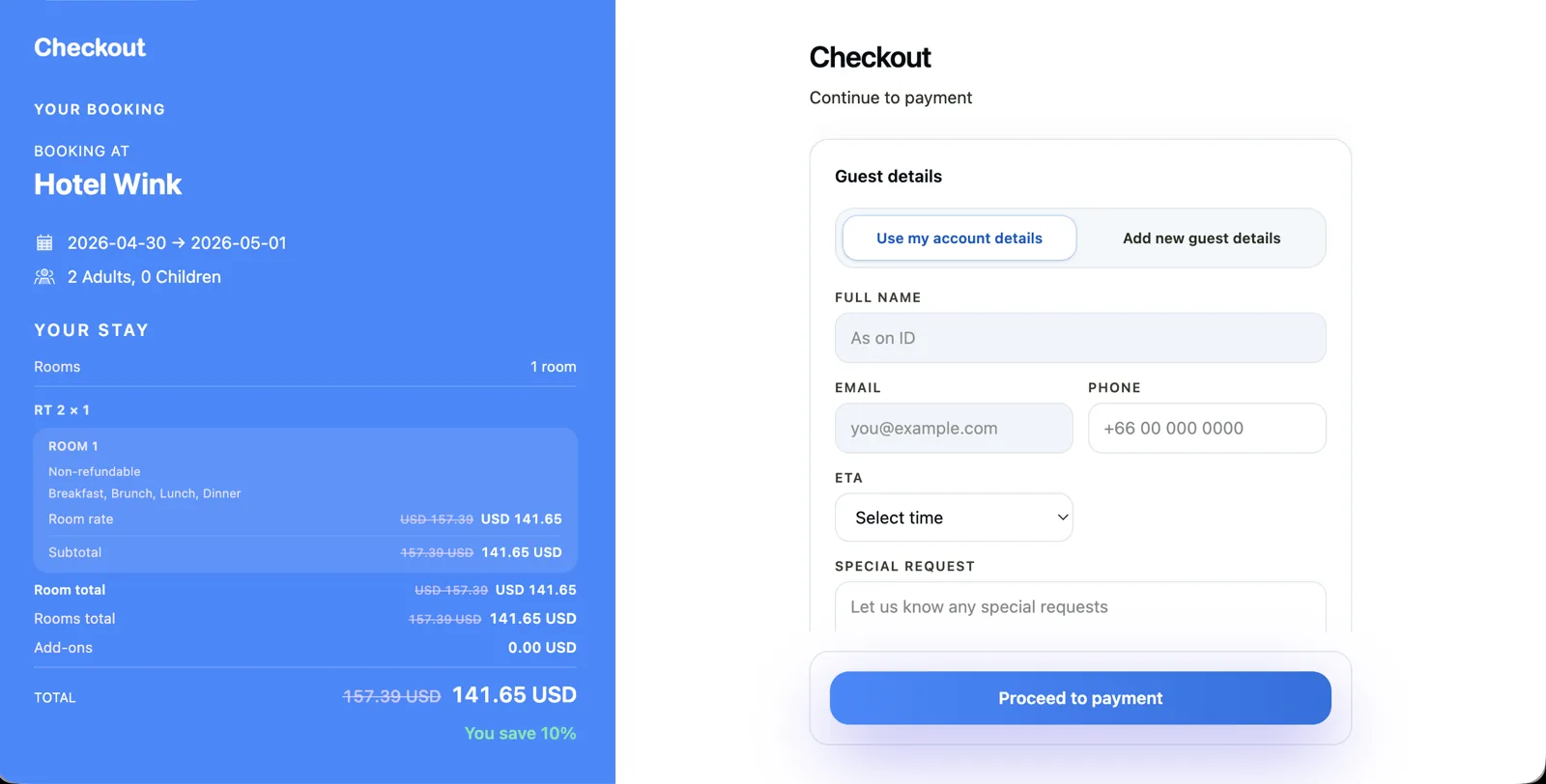 Wink Booking Engine checkout — room, rate, add-ons and payment in one flow