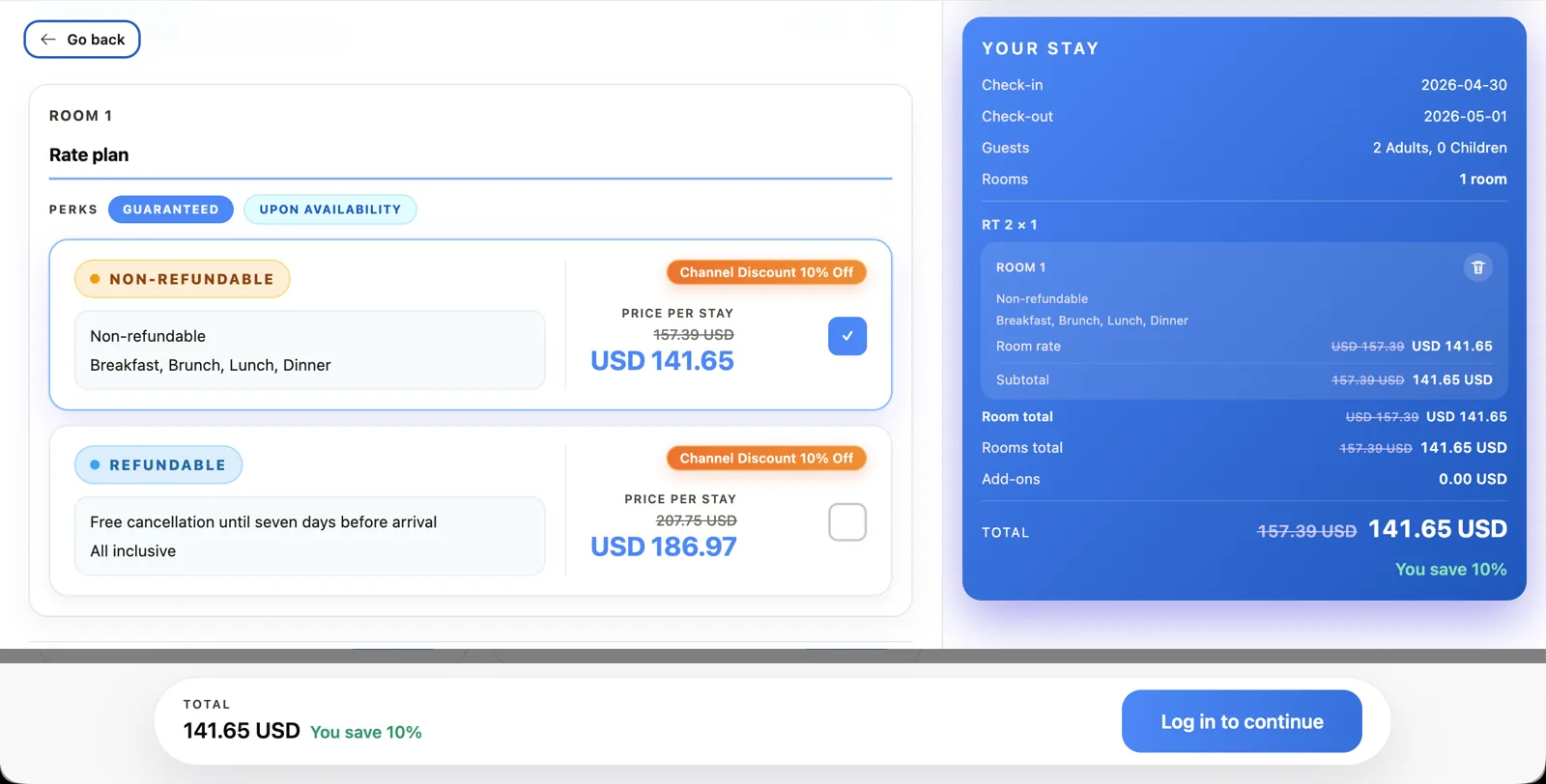 Booking Engine rate plan selection with extras