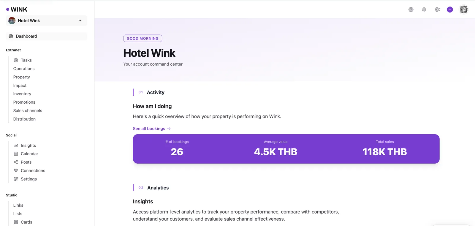 The Wink Extranet dashboard