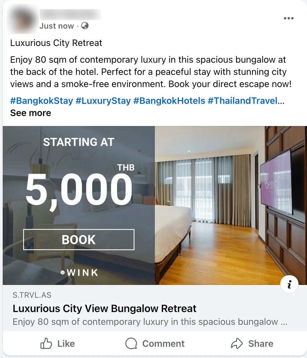 A published hotel social post with a bookable link attached