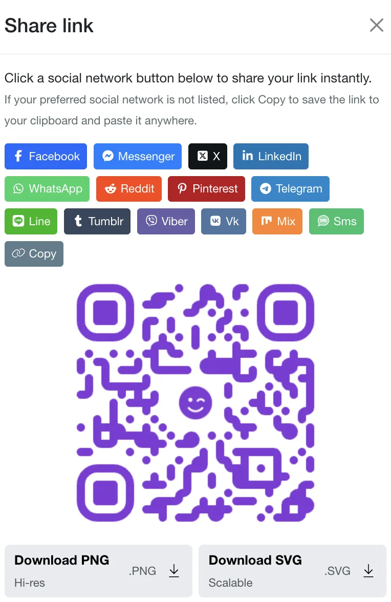 The WinkLinks share menu — share your storefront to any social app, or download a branded QR code
