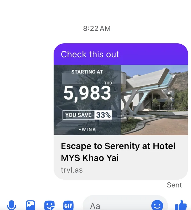 A WinkLinks storefront link shared in Messenger
